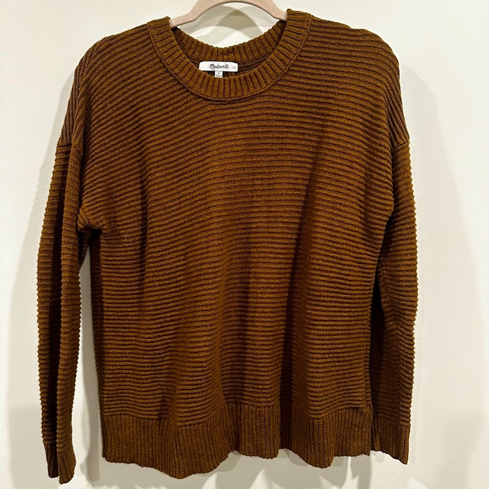 Madewell Brown Crewneck Sweater with Ribbed Texture